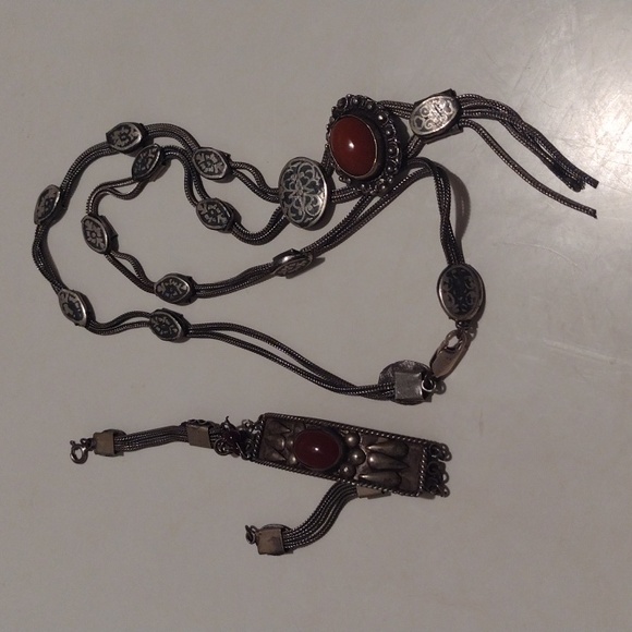 Antique Art Deco Turkish Snake Chain Heavy Silver Metal Necklace Bracelet Set - Picture 14 of 16